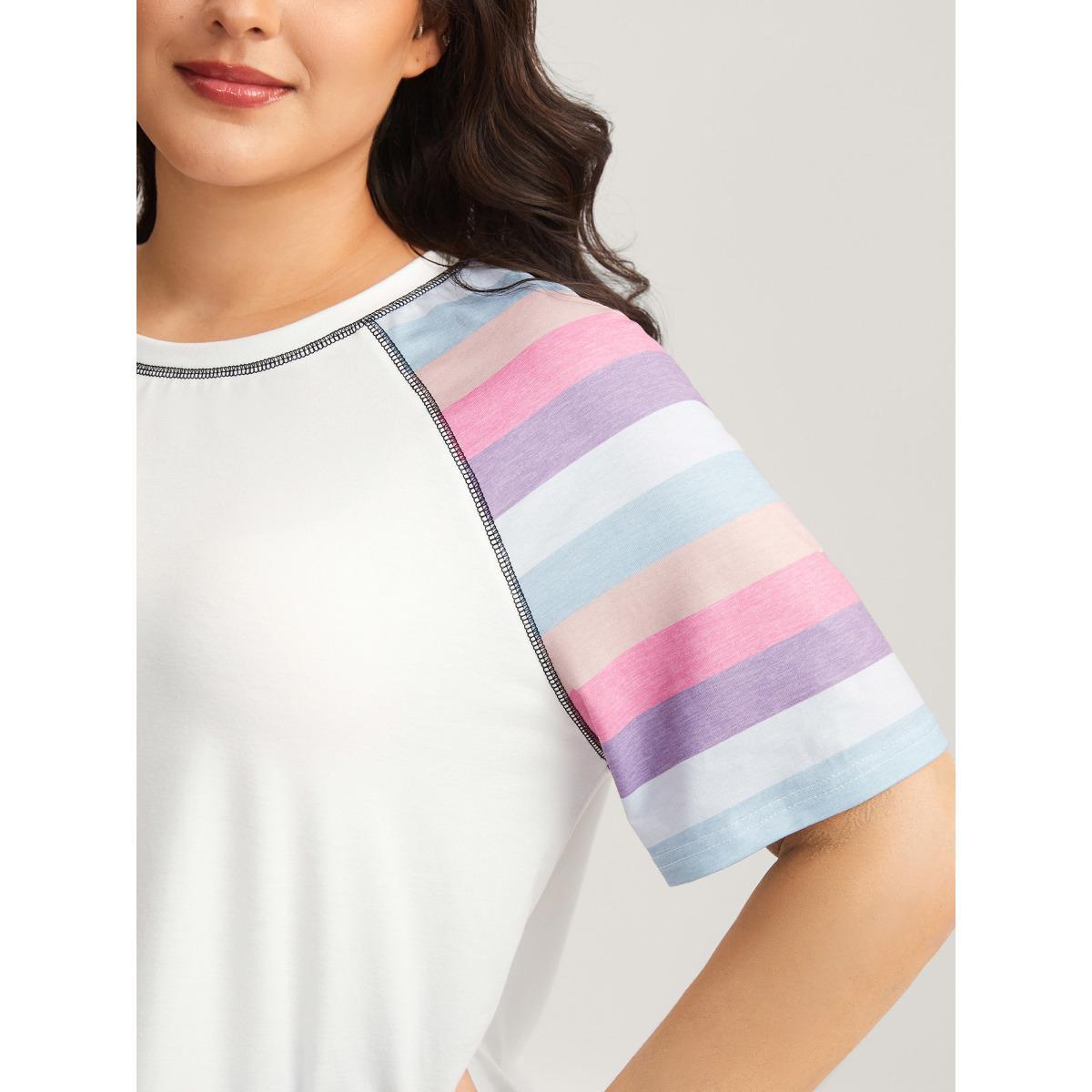 Plus Size Colorful Stripes Raglan Sleeve T-Shirt Originalwhite Women Leisure Topstitching Round Neck Casual T-shirts BloomChic 14-16/1X Product Image