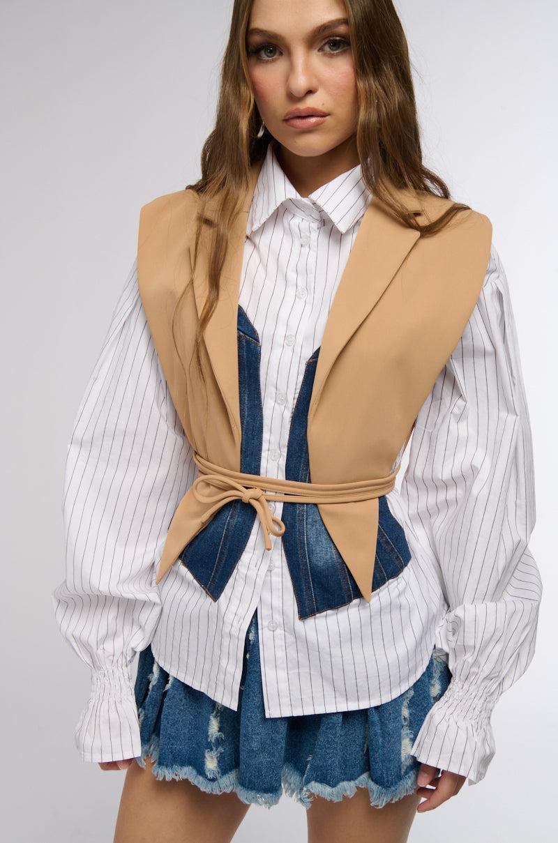 WORKING WOMAN SIDE TIE BLAZER VEST IN TAN Female Product Image