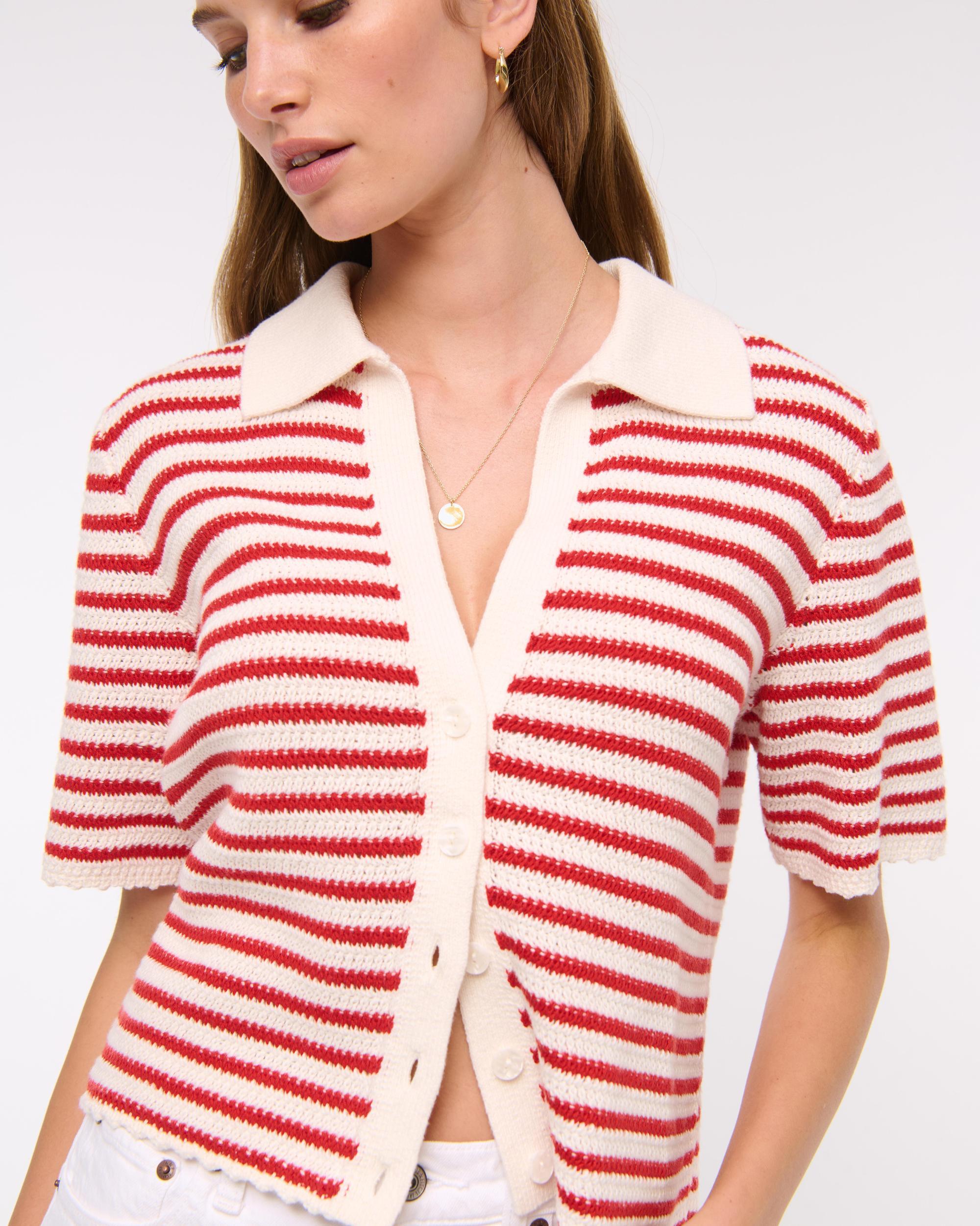 Short-Sleeve Crochet-Style Polo Product Image