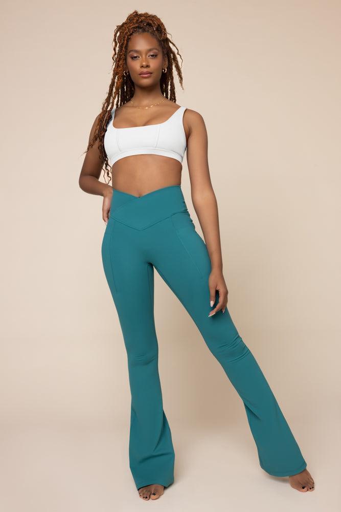 Crisscross Hourglass® Flared Leggings with Pockets - Emerald Product Image