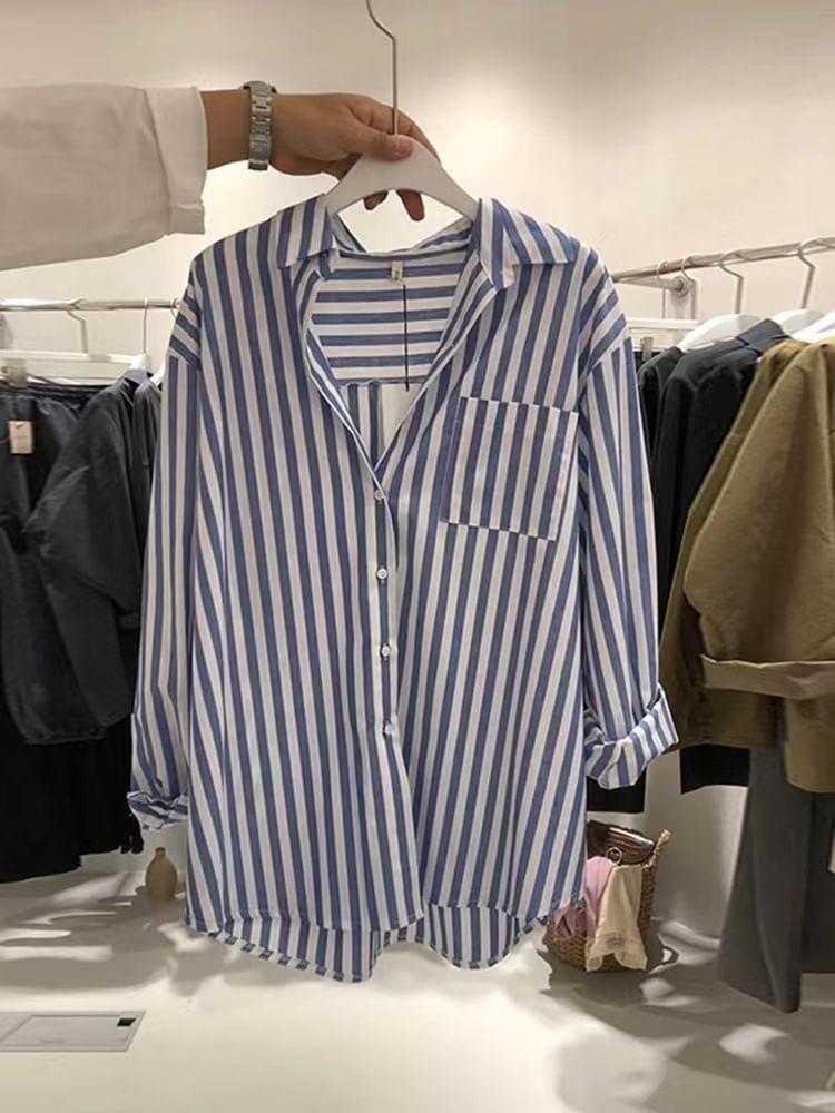 Long-Sleeve Striped Pocket Detail Shirt Product Image