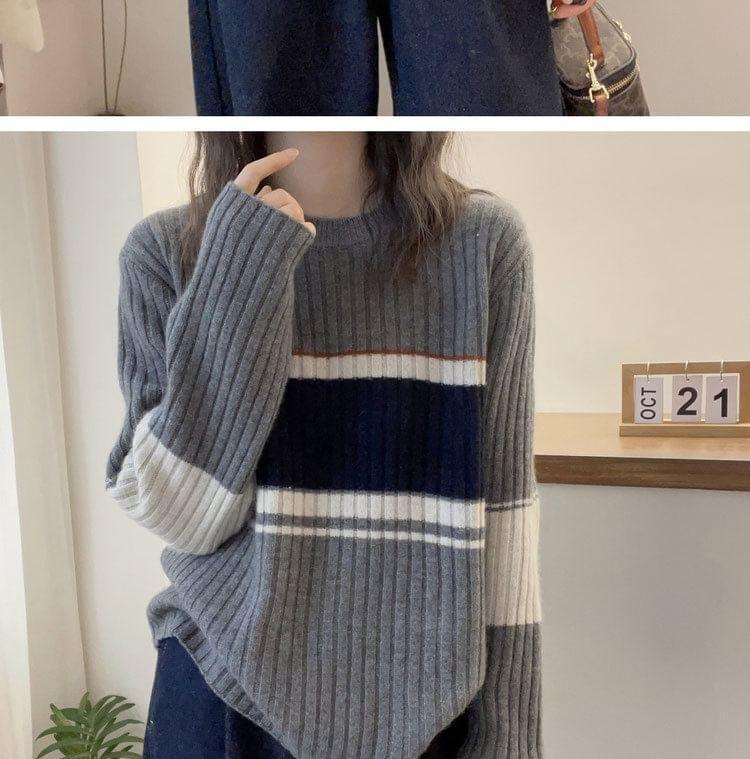 Crew Neck Color Block Ribbed Sweater Product Image