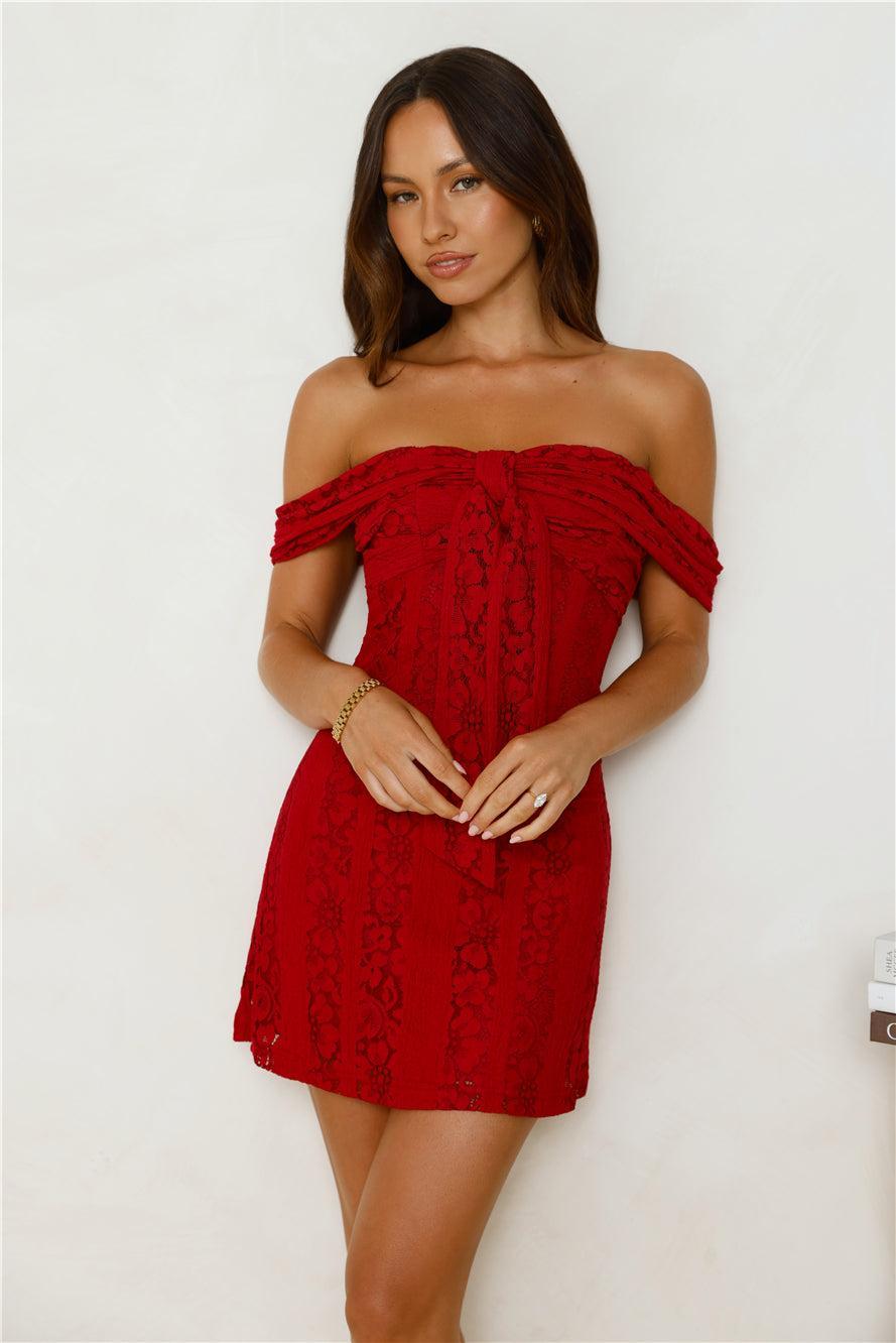 Dainty Number Off Shoulder Lace Mini Dress Red Product Image