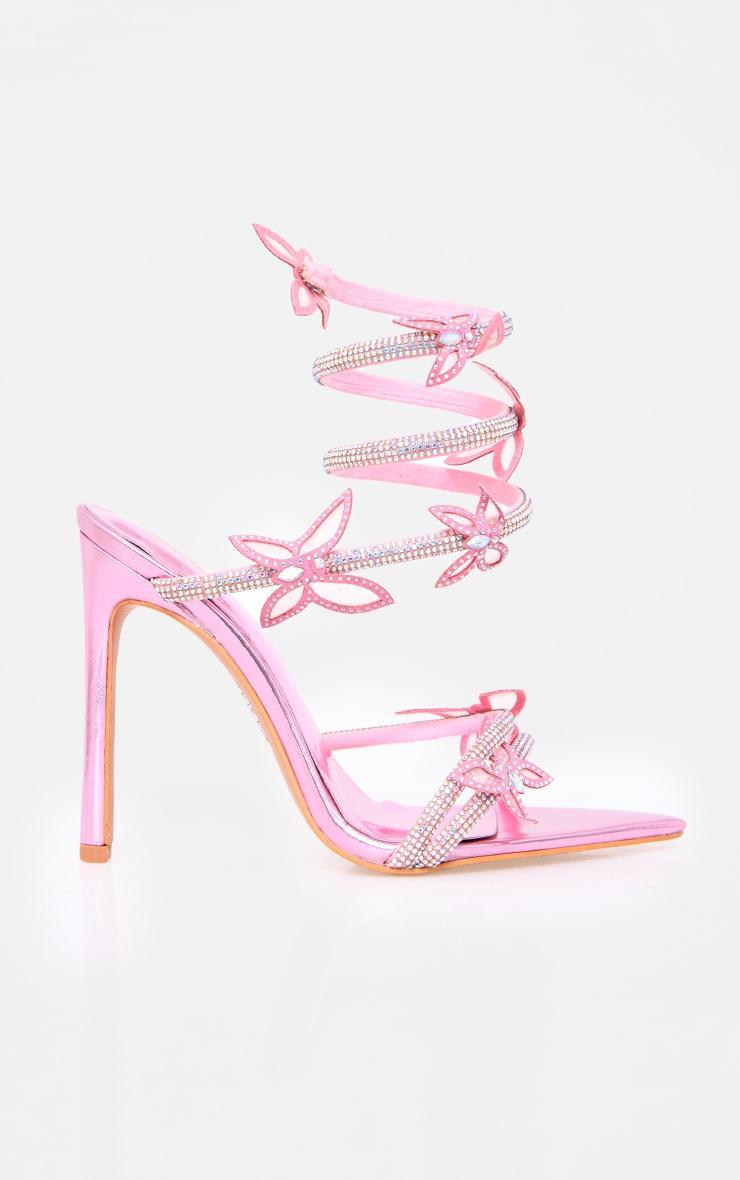 Pink PU Point Toe Diamante Mesh Butterfly Spiral Heeled Sandals Product Image