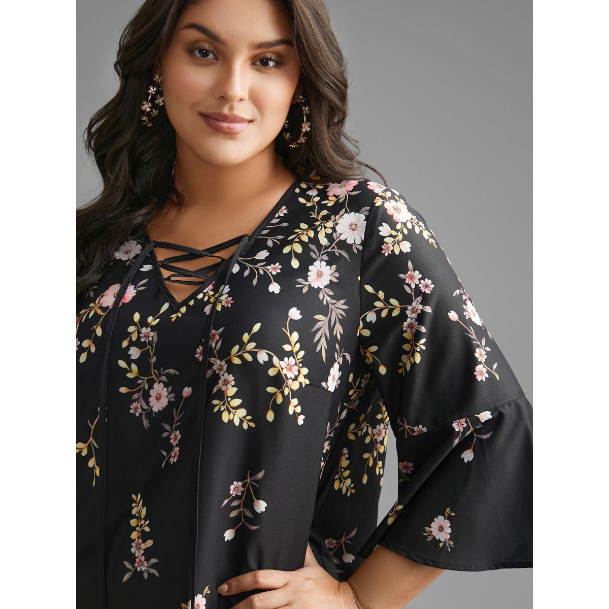 Plus Size BlackFlower Gradient Floral Ruffle Sleeves Blouse Women Elegant Elbow-length sleeve V-neck Everyday Blouses BloomChic 14-16/1X Product Image