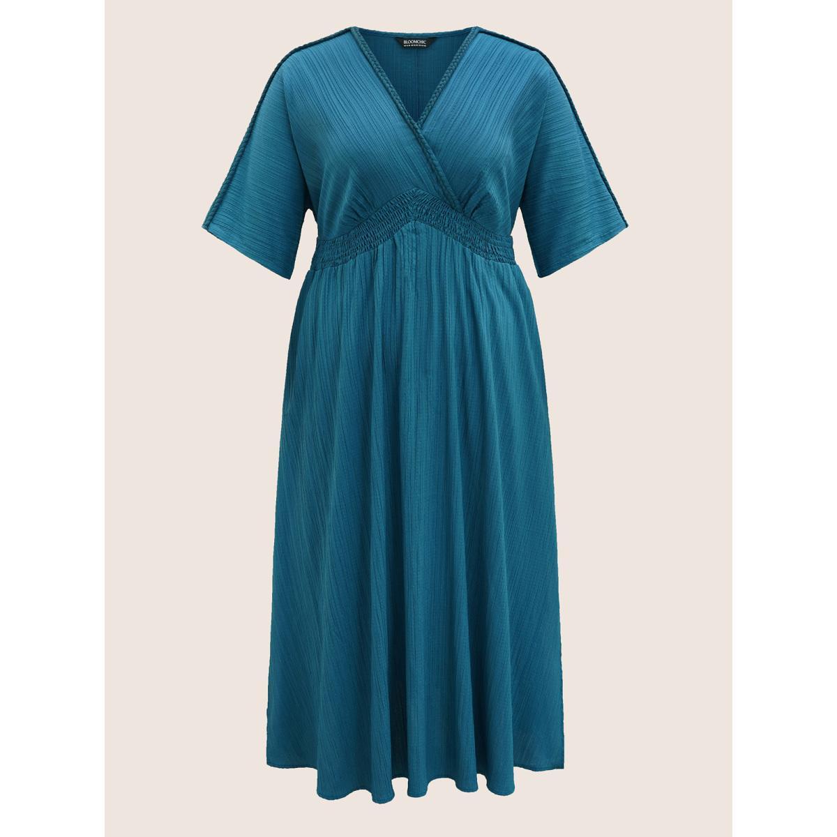Plus Size V Neck Shirred Contrast Webbing Split Side Dress Aegean Women Boho Texture V-neck Half Sleeve Curvy BloomChic 14-16/1X Product Image
