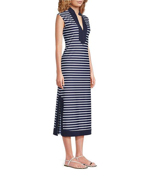 Jude Connally Kristen Striped Print Jude Cloth Stretch Knit Wrinkle-Free Split V-Neck Sleeveless A-Line Midi Dress Product Image