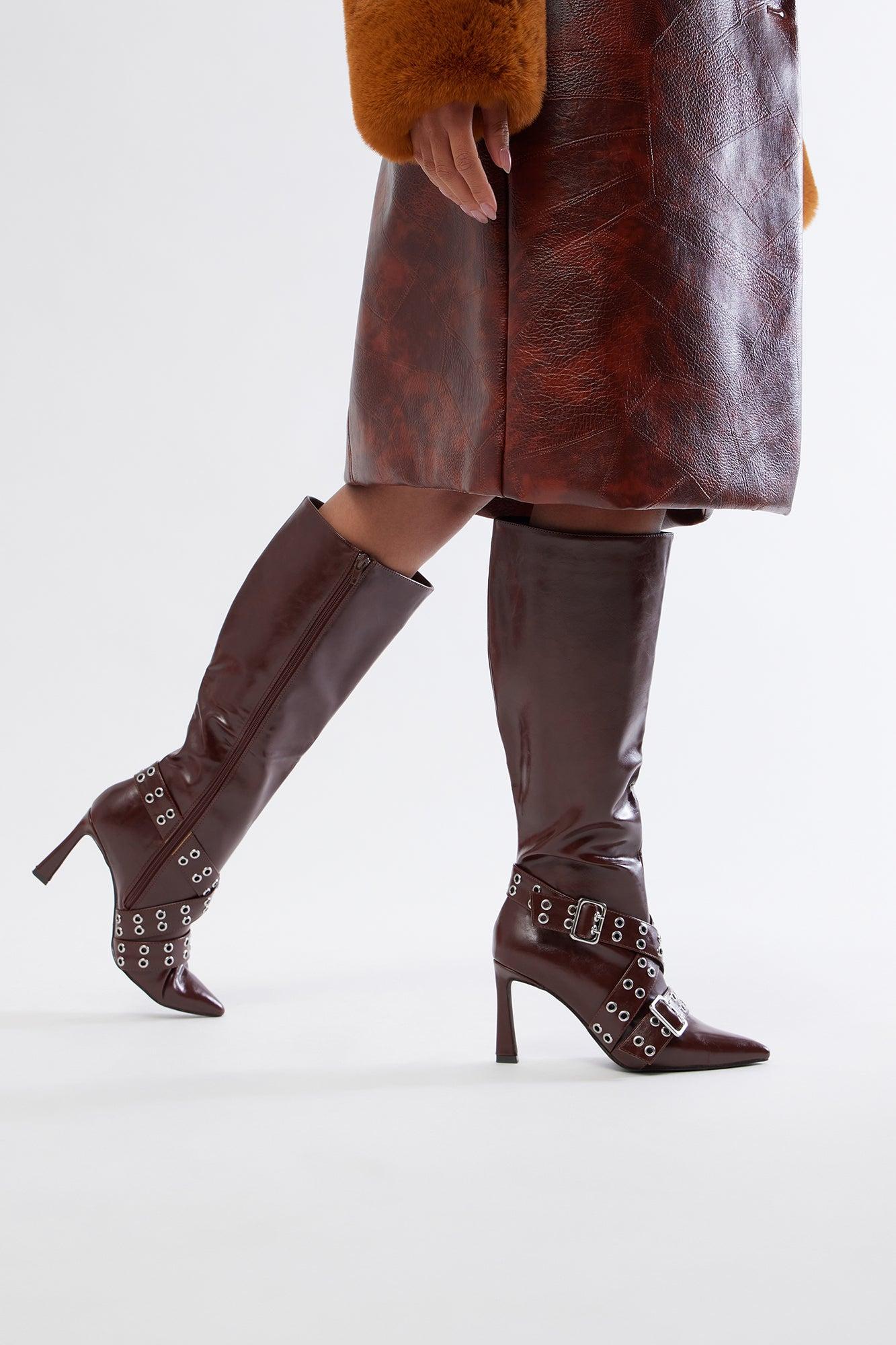 Olive Buckle Knee High Boots - Brown Product Image