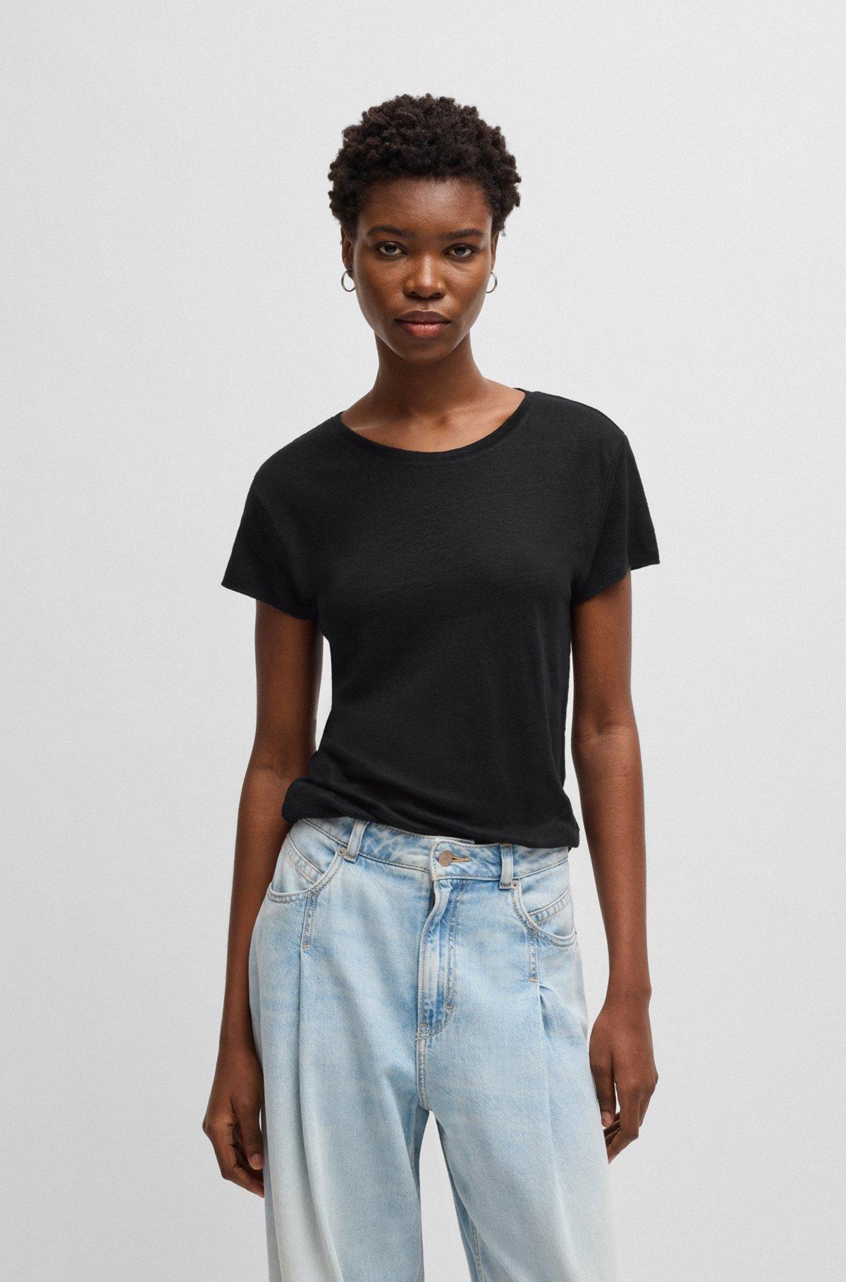 Scoop-neck linen T-shirt with gathered back Product Image
