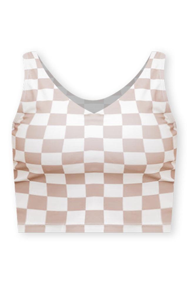 Miles Ahead Cropped Beige Checkered V-neck Tank Bra Top FINAL SALE Product Image