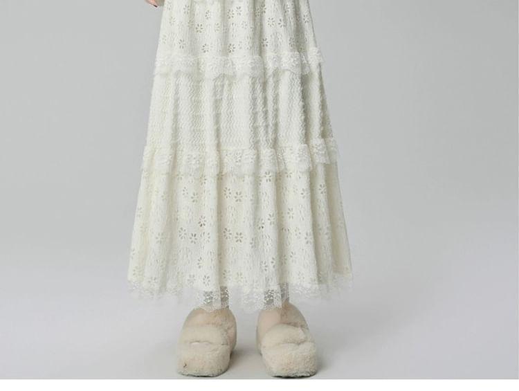 Elastic Waist Tiered Lace Trim Midi A-Line Skirt Product Image