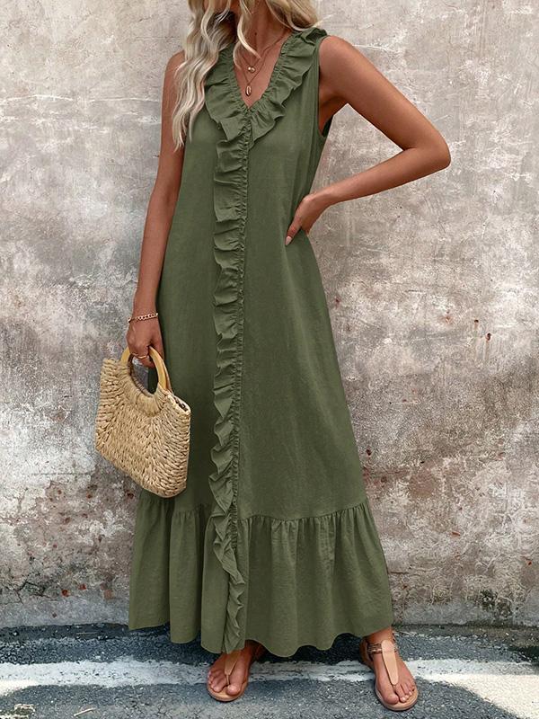A-Line Loose Pleated Ruffle Trim Solid Color V-Neck Maxi Dresses Product Image