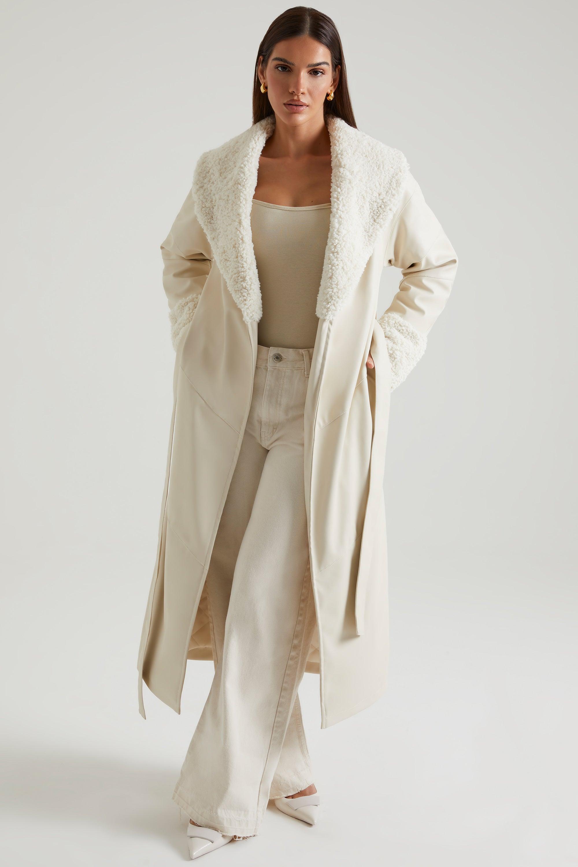 Tie Up Coat with Shearling Collar and Cuffs in Cream Product Image