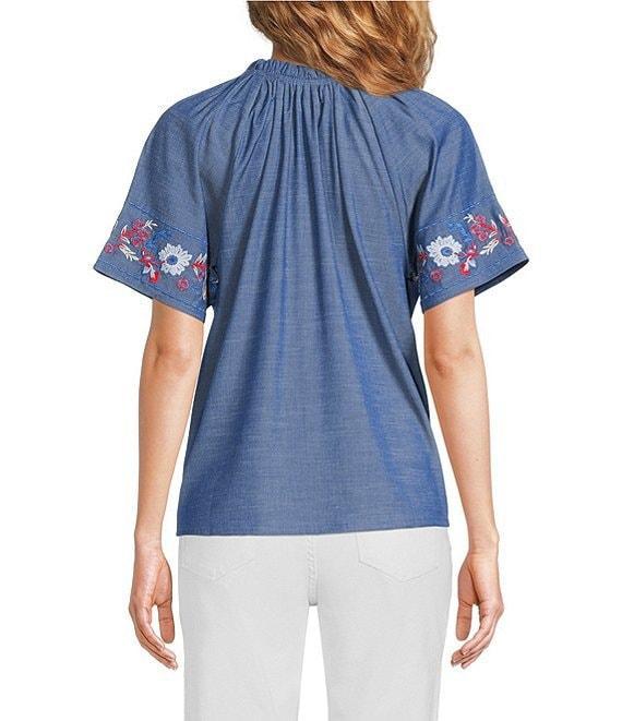 Calessa Embroidered Split V-Neck Short Sleeve Button Front Tunic Product Image