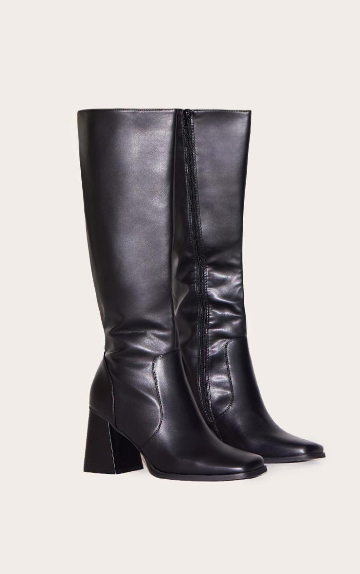 Black PU Square Toe Flare Block Heel Knee High Boots Product Image