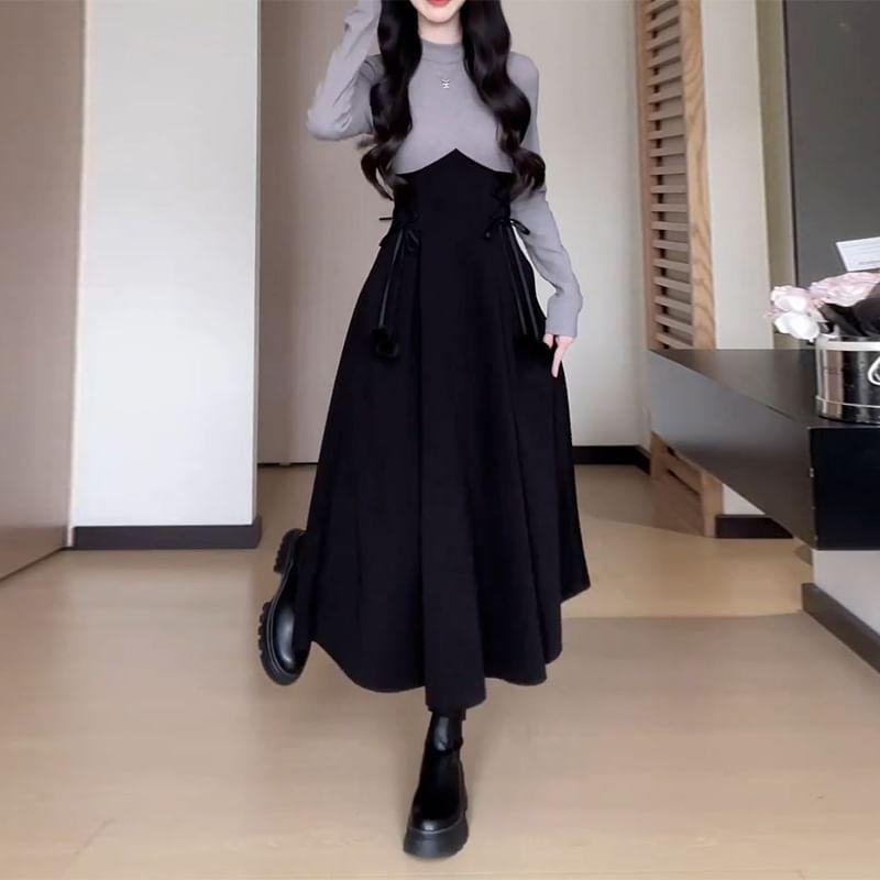 Mock Two-Piece Long-Sleeve Two Tone Midi A-Line Dress Product Image