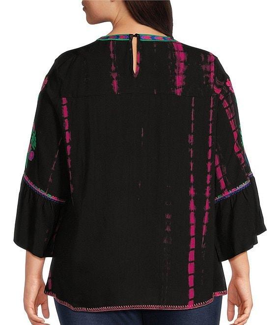 Calessa Plus Size Embroidered Tie-Dye Patchwork Print Crew Neck 3/4 Sleeve Tunic Product Image