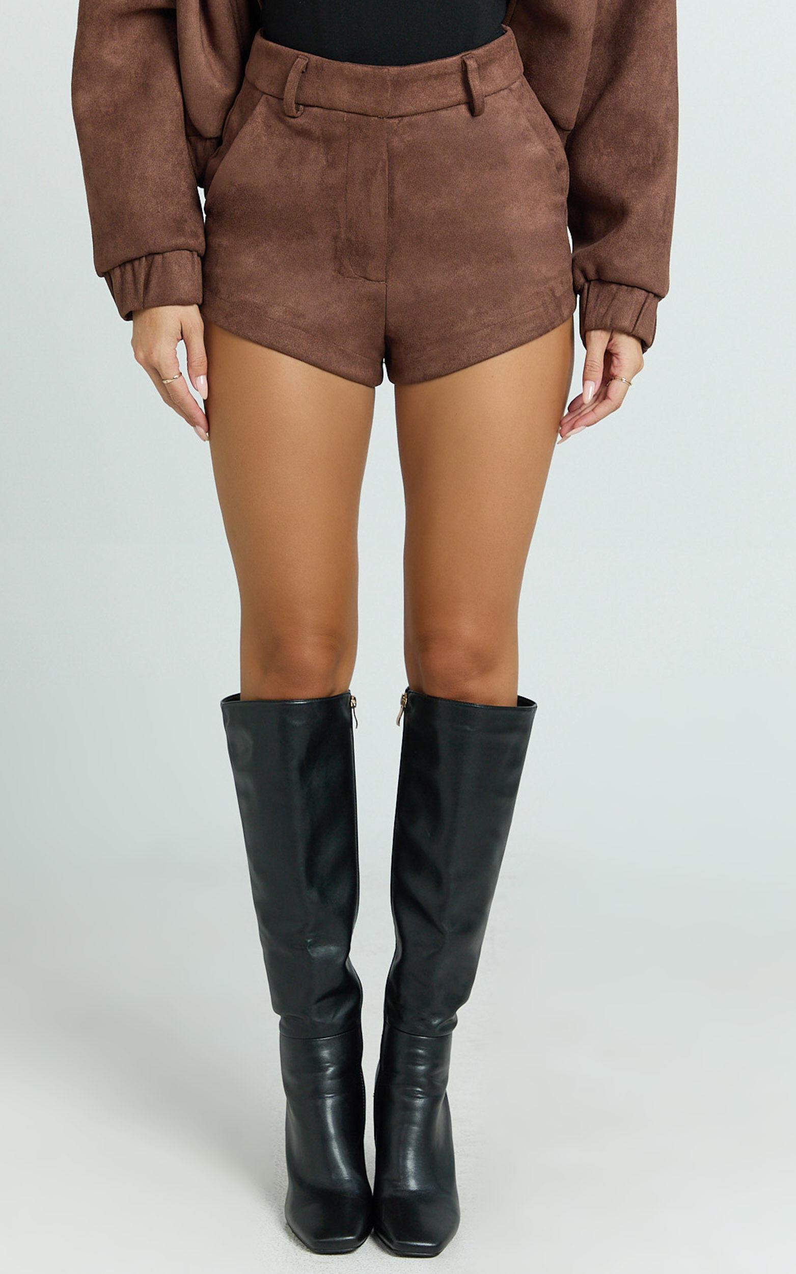 Nessa Shorts - Faux Suede High Waisted Micro Mini Shorts in Dark Chestnut Product Image