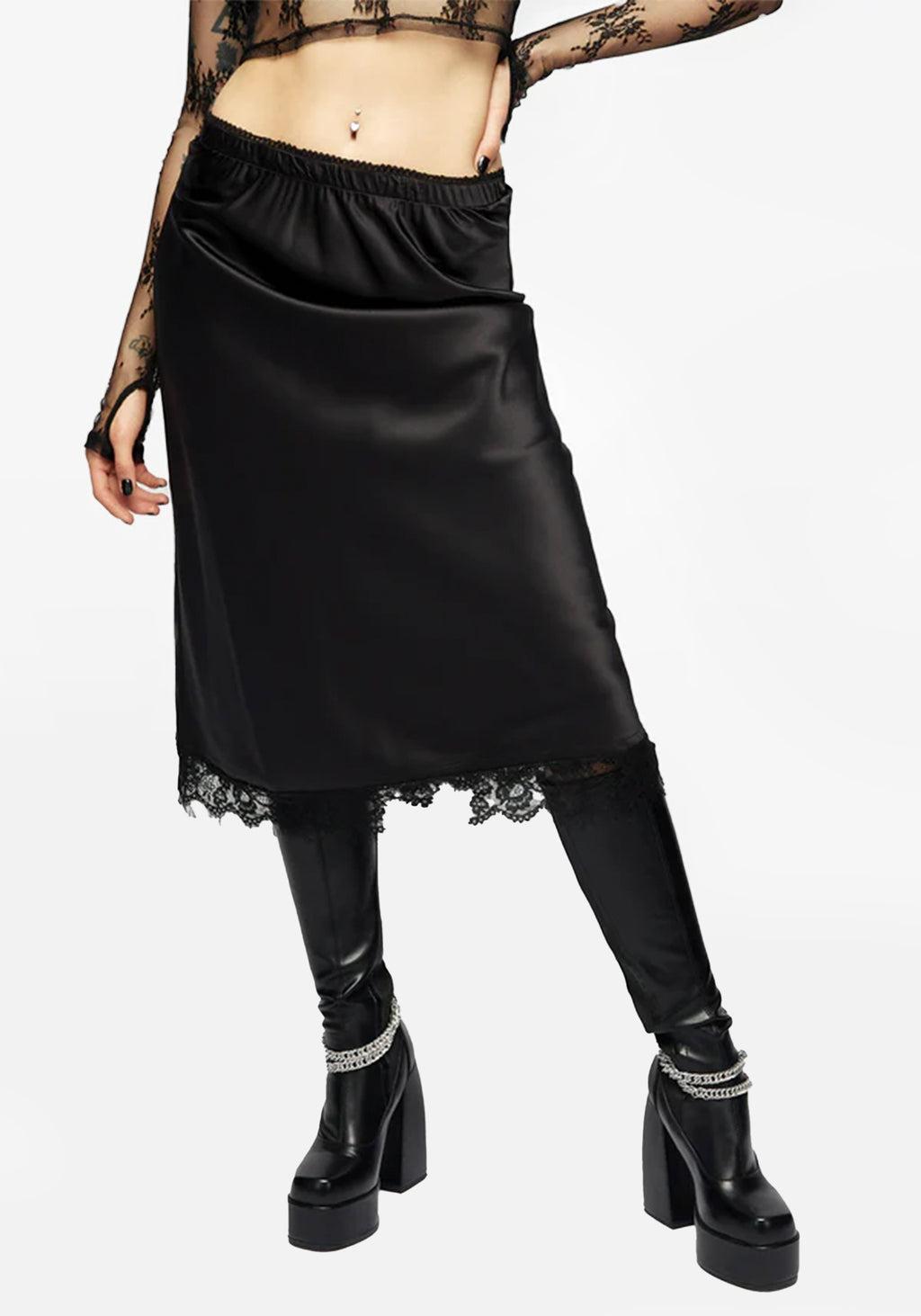 Medeina Lace Trim Satin Midi Skirt - Midnight Black Product Image