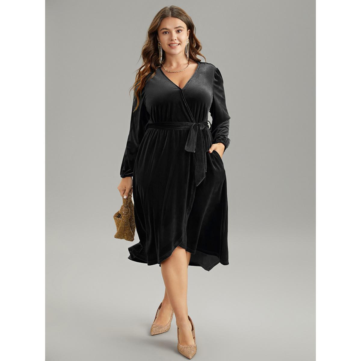 Plus Size Solid Velvet Belted Wrap Arc Hem Dress Black Women Elegant Elastic cuffs Overlap Collar Long Sleeve Curvy Midi Dress BloomChic 18-20/2X Product Image