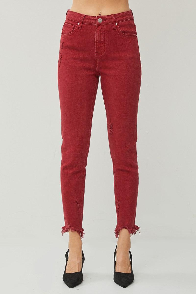 HIGH RISE FRAY HEM ANKLE SKINNY PANTS Product Image