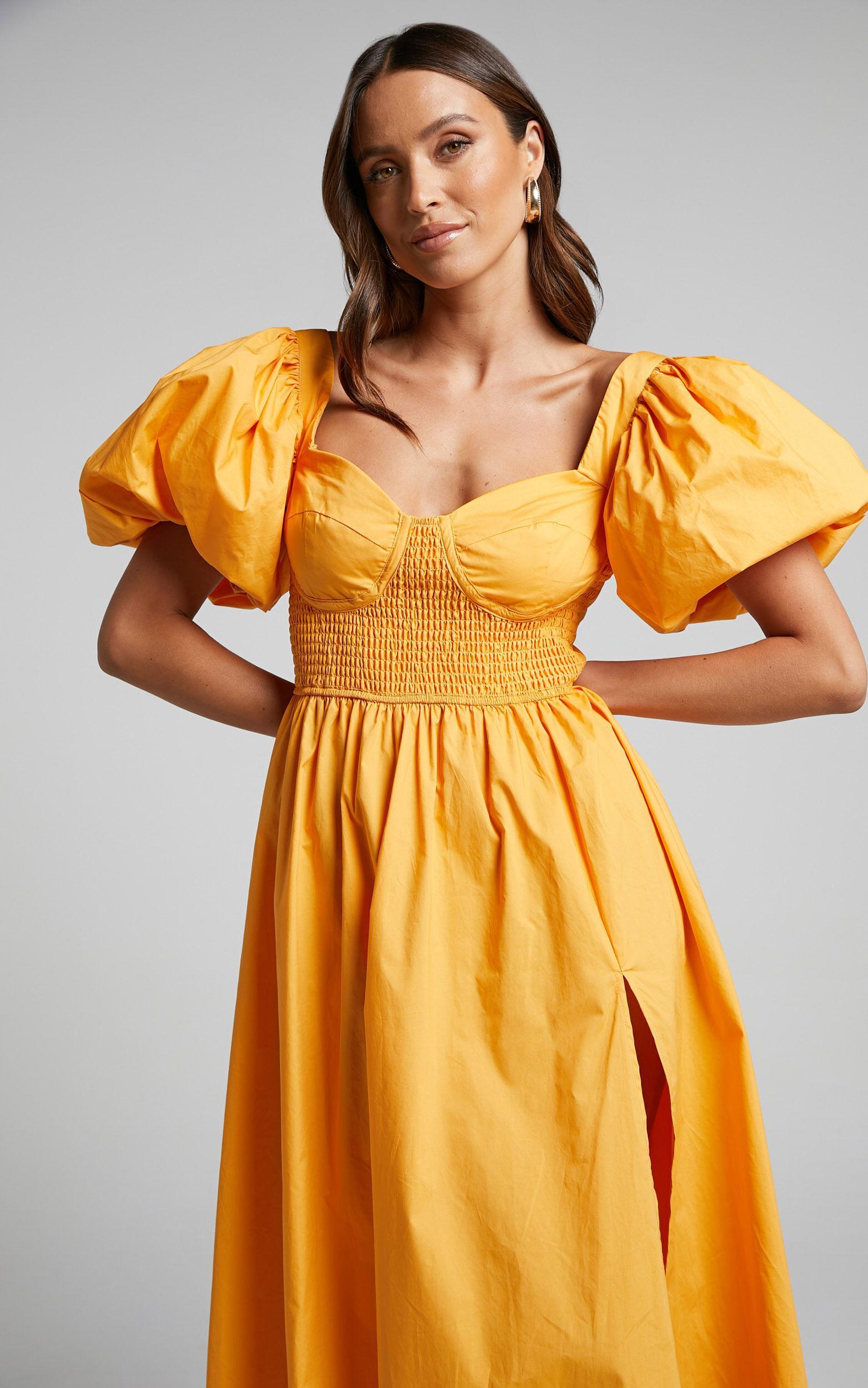 Raiza Midi Dress - Shirred Waist Puff Sleeve Dress in MARIGOLD Product Image