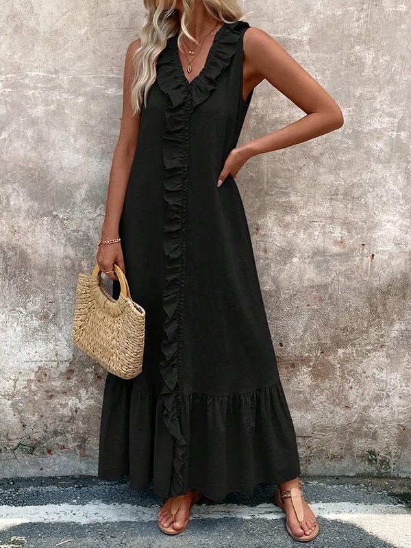 A-Line Loose Pleated Ruffle Trim Solid Color V-Neck Maxi Dresses Product Image