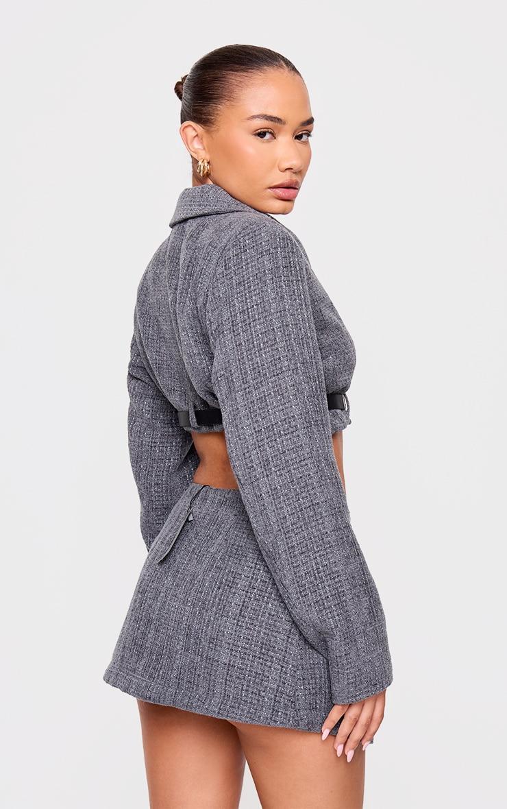 Petite Grey Textured Woven Belt Detail Cropped Blazer Product Image