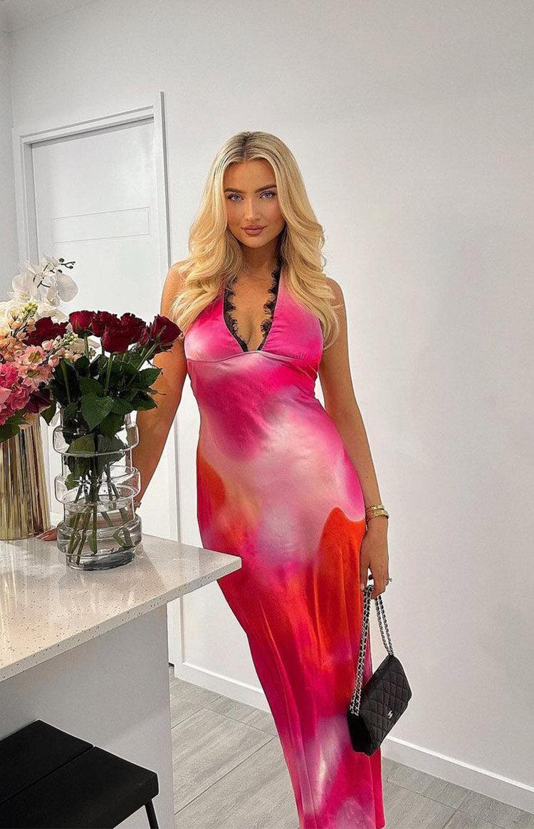 Valletta Pink Print Halter Neck Maxi Dress Product Image