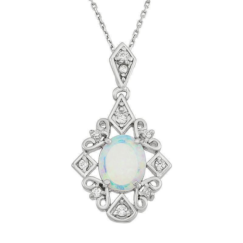 Lab-Created Opal & Cubic Zirconia Sterling Silver Filigree Pendant Necklace, Womens White Product Image