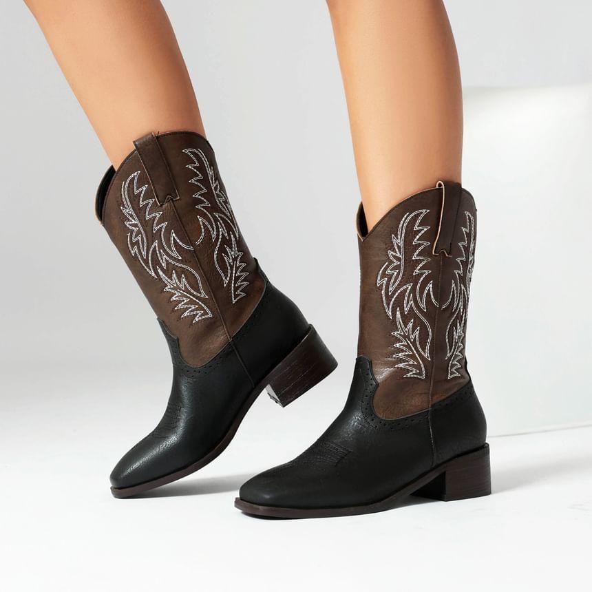 Block Heel Embroidered Mid Calf Boots Product Image