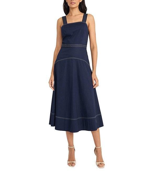 Maggy London Square Neck Sleeveless Topstitched Stretch Poplin A-Line Midi Dress Product Image