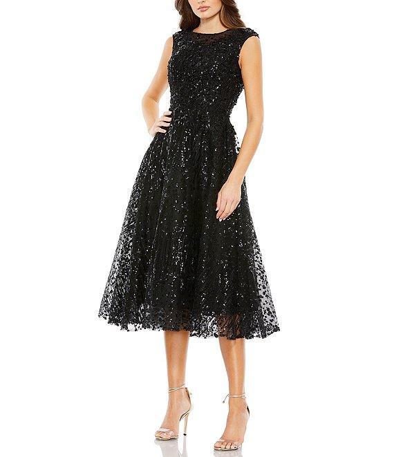 Mac Duggal Sleeveless Sequined Mesh Fit & Flare Midi Dress Product Image