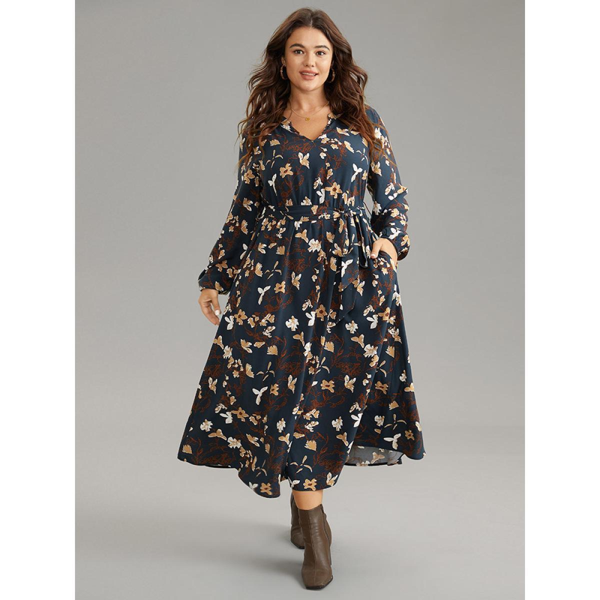 Plus Size Floral Print Notched Belted Lantern Sleeve Dress DarkBlue Women Elegant Elastic cuffs Notched collar Long Sleeve Curvy Midi Dress BloomChic 30/6X Product Image