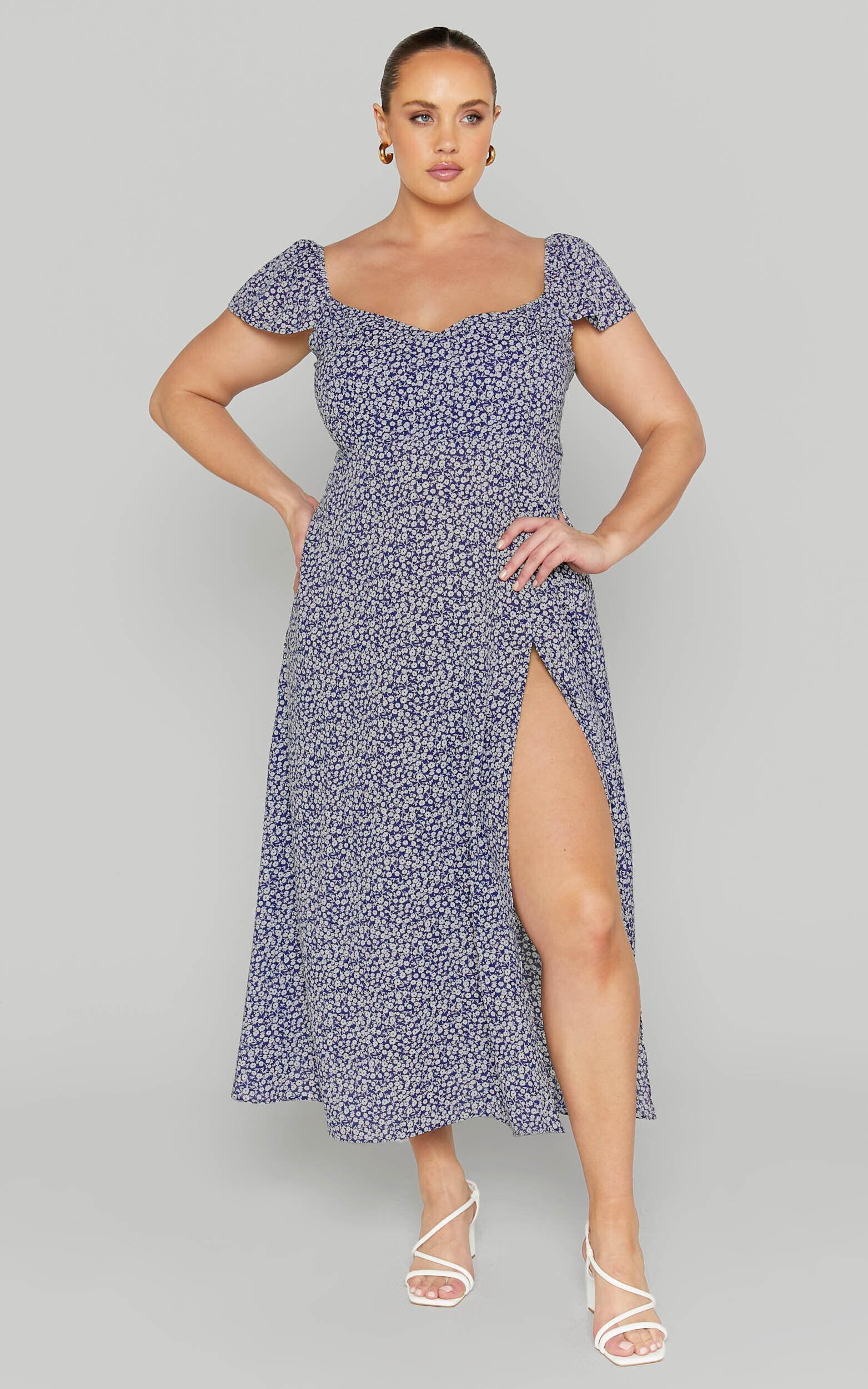 Donissa Midi Dress - Thigh Split Flutter Sleeve Dress in Blue Product Image