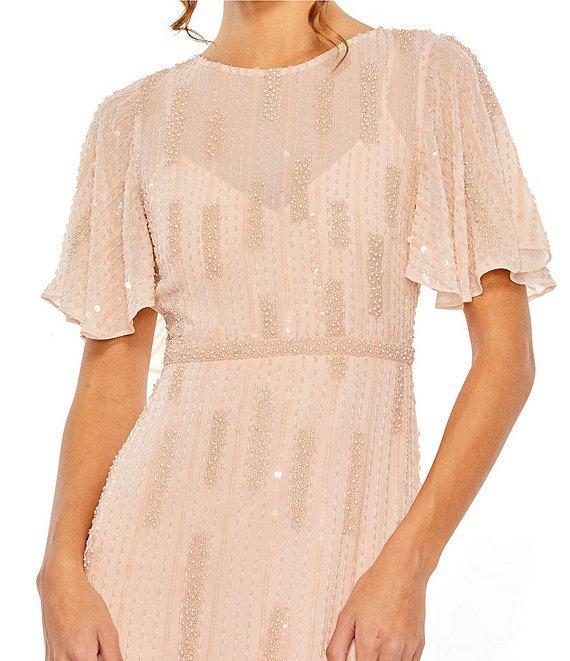 Mac Duggal High Neck Flutter Sleeve Embellished Mesh Sheath Gown Product Image