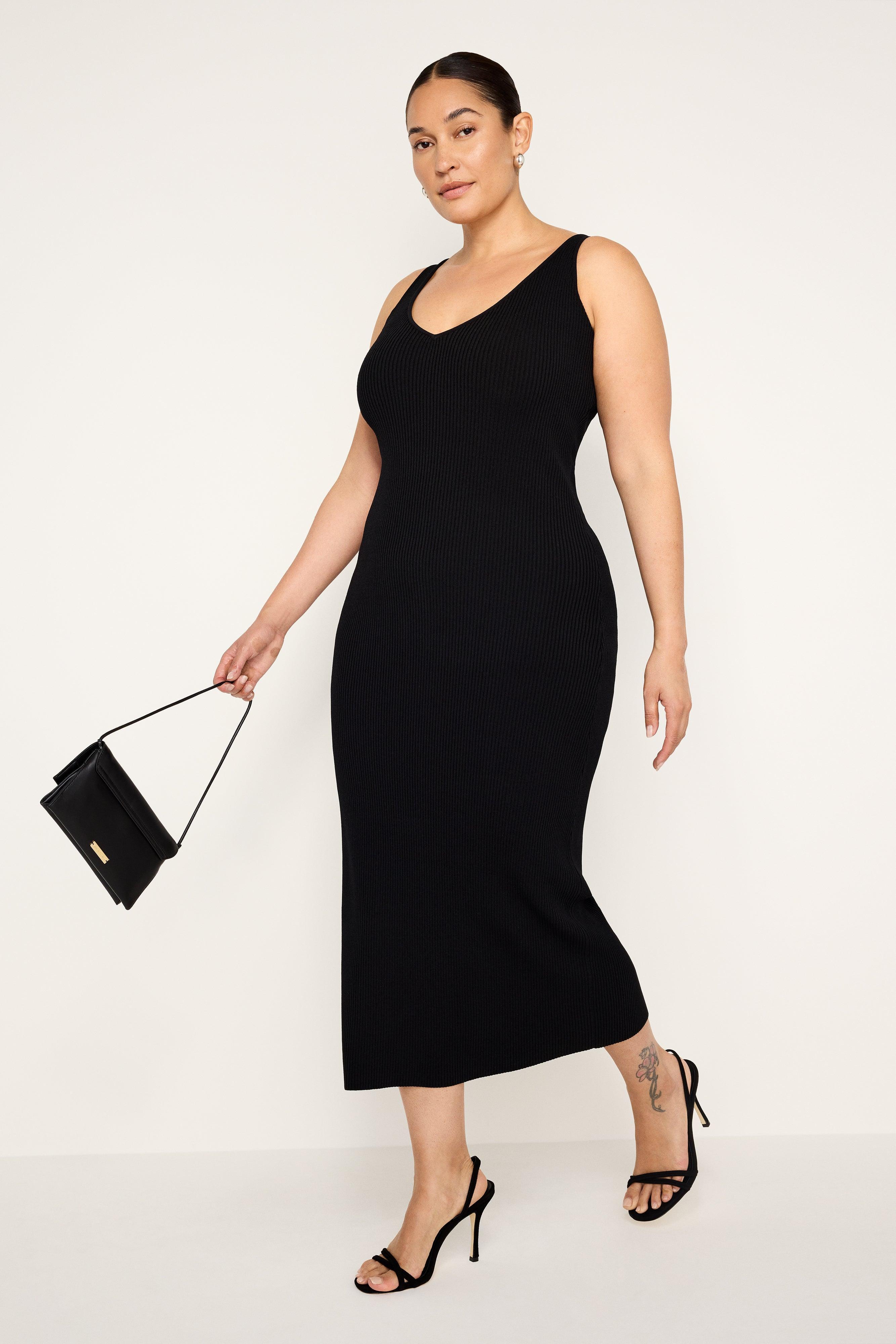 STRETCH RIB KNIT SLEEVELESS MIDI DRESS | BLACK001 Product Image