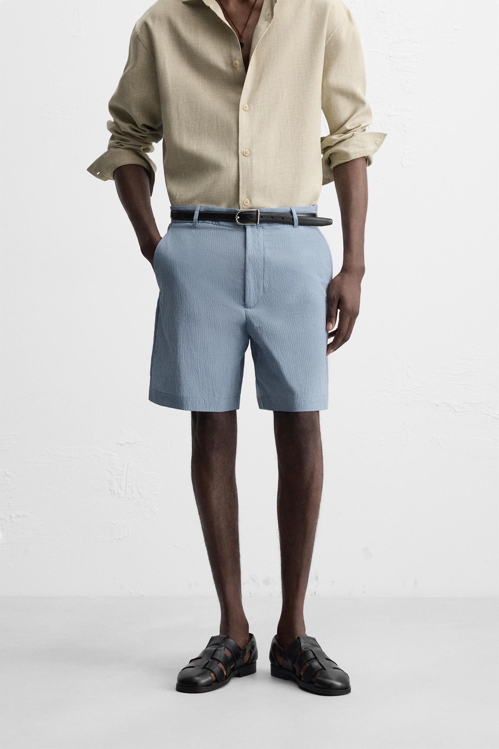 STRIPED CRINKLED EFFECT BERMUDA SHORTS Product Image