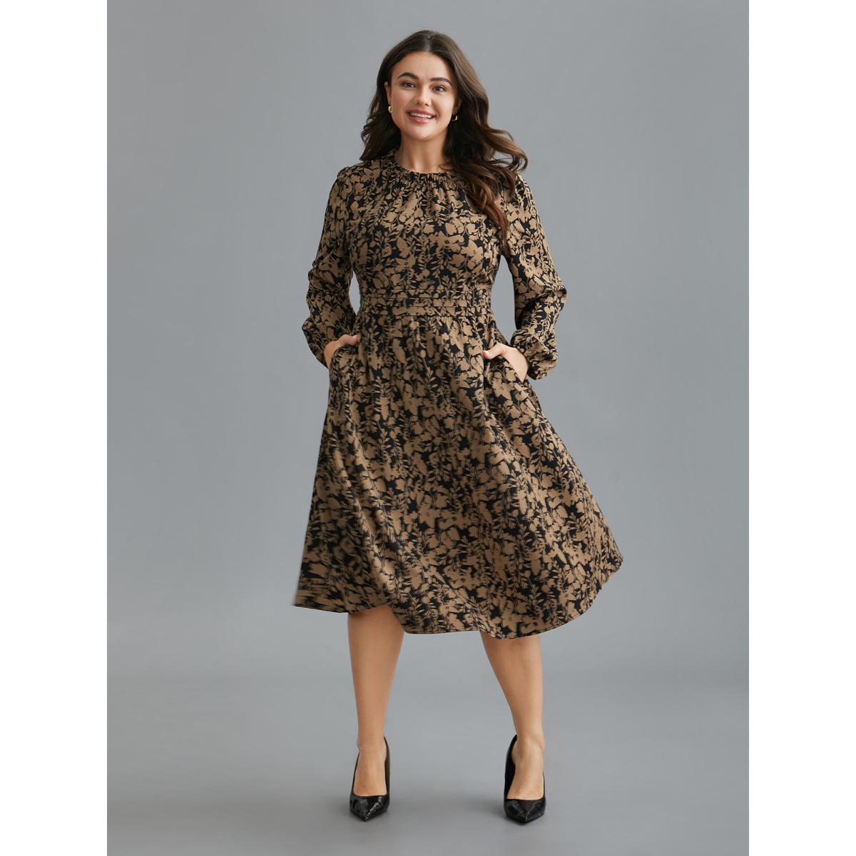 Plus Size Floral Mock Neck Ruffles Pleated Waist Dress Black Women Elegant Frill Trim Mock Neck Long Sleeve Curvy BloomChic 10/M Product Image