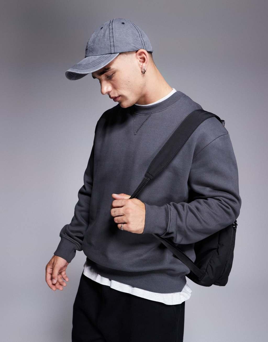 ASOS DESIGN premium heavyweight oversized sweatshirt in washed black Product Image