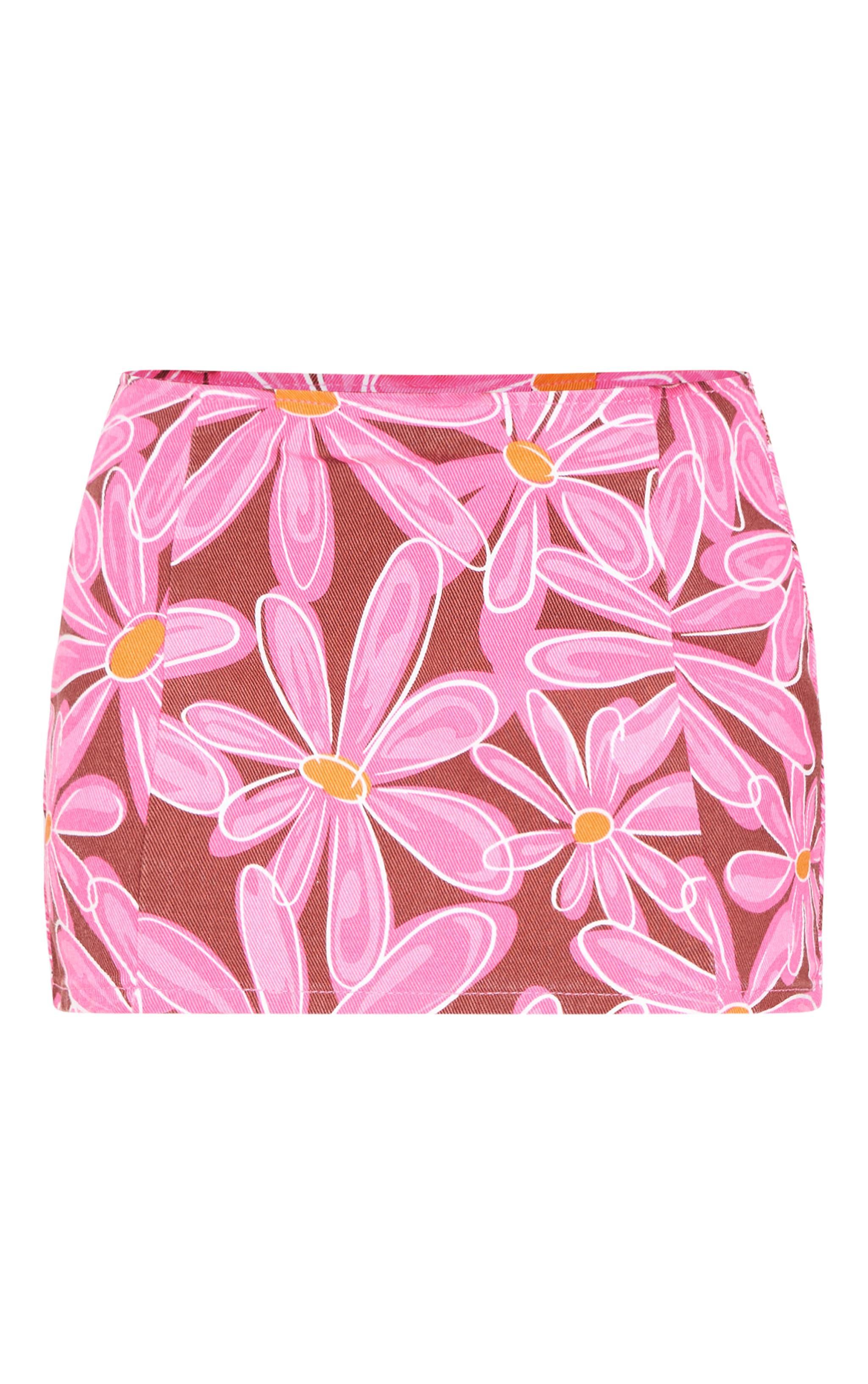 Pink Flower Print Micro Mini Denim Skirt Product Image