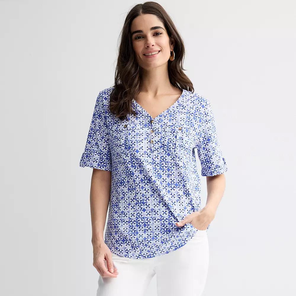 Women's Croft & Barrow® Elbow Sleeve Utility Henley Top, Size: XS, Blue Geo Product Image