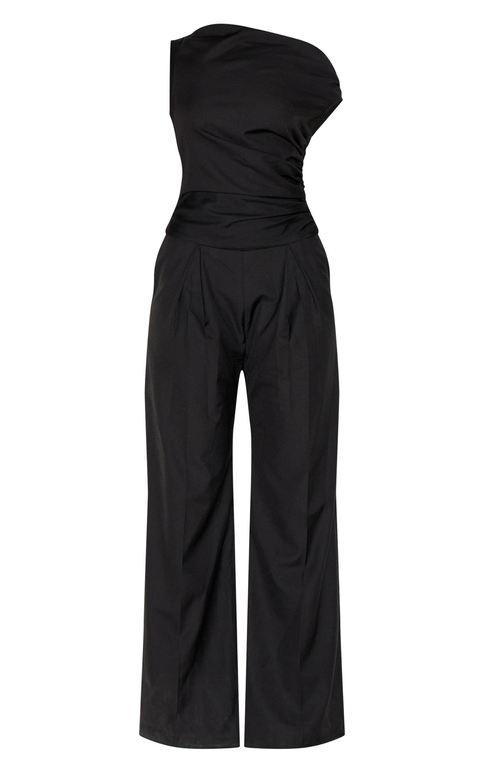  Black Woven Ruched One Sleeve Jumpsuit Product Image