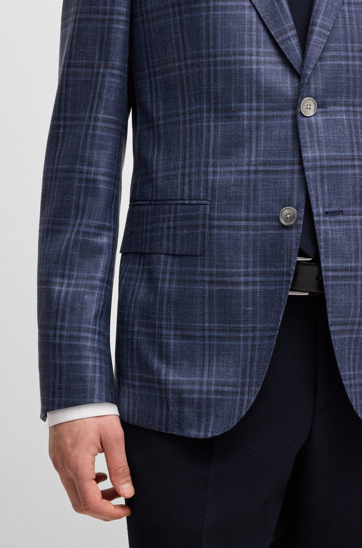 BOSS - Slim-fit blazer in checked virgin wool, silk and linen - Blue Product Image