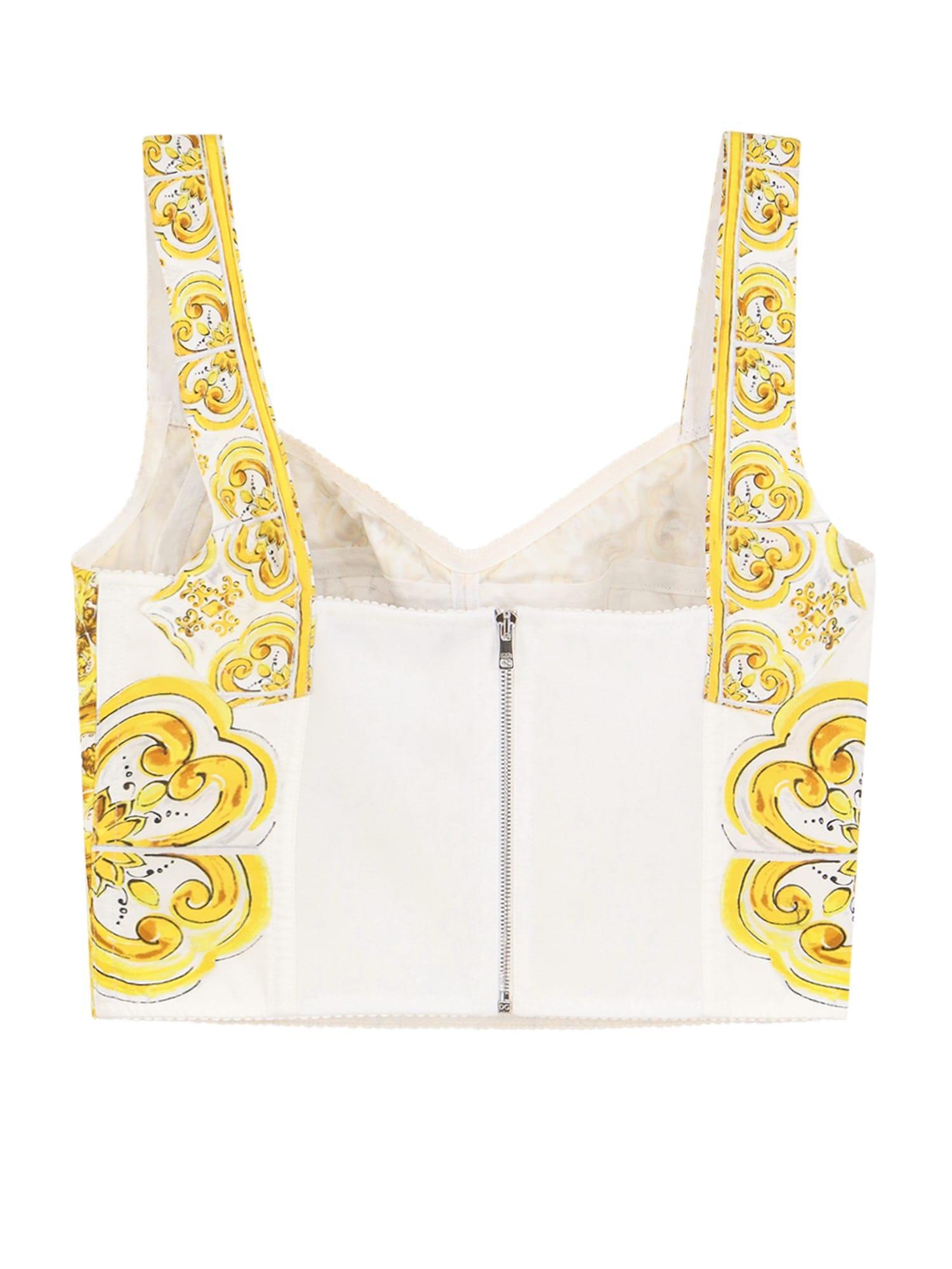 DOLCE & GABBANA Cotton Corset Top With Majolica Print In Giallo Product Image