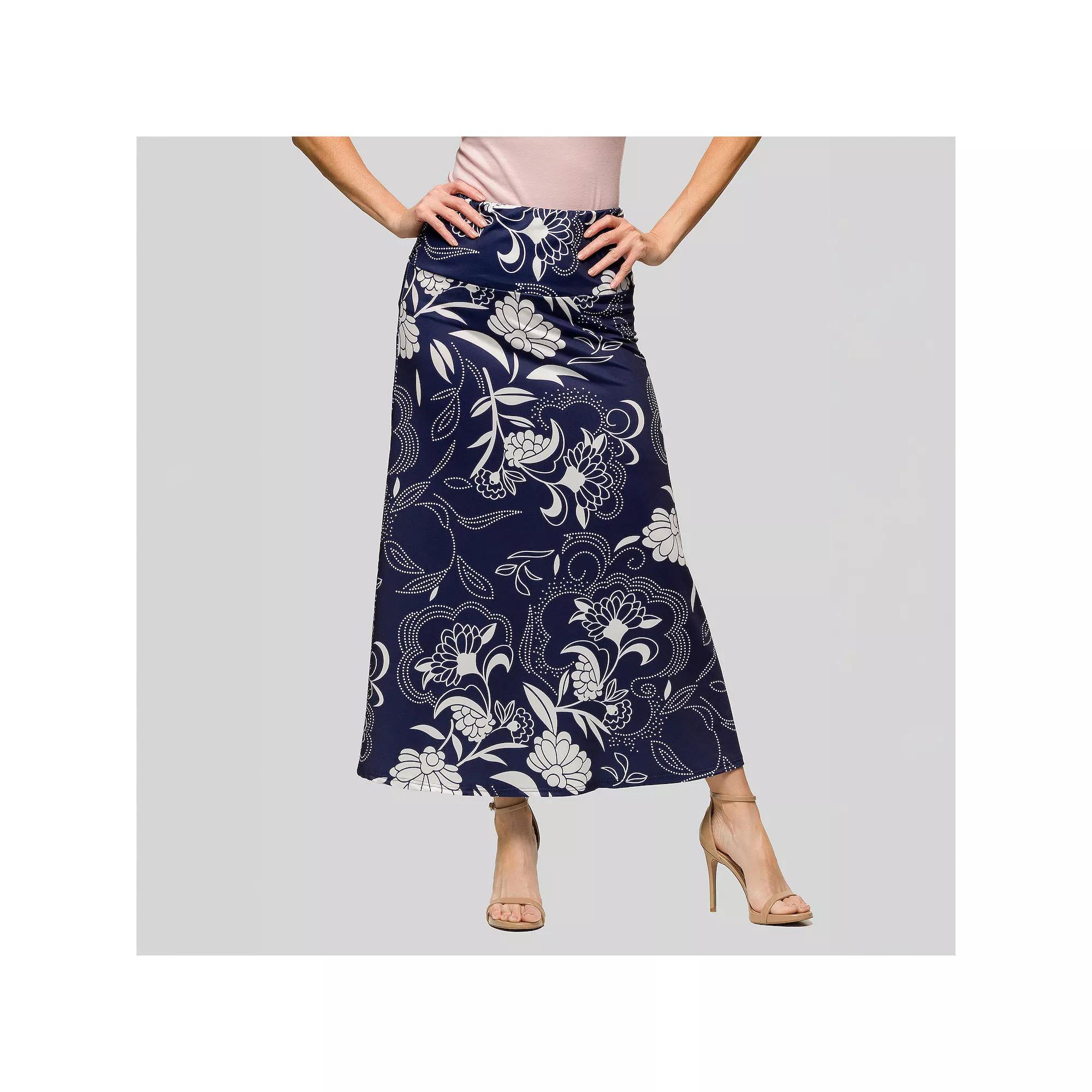 Women's 24Seven Comfort Apparel Print Elastic Waist A-Line Maxi Skirt, Size: Small, Gray Team Product Image