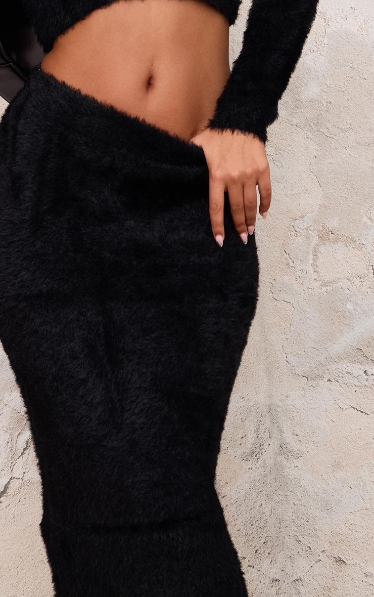 Petite Black Fluffy Knit Low Waist Maxi Skirt Product Image