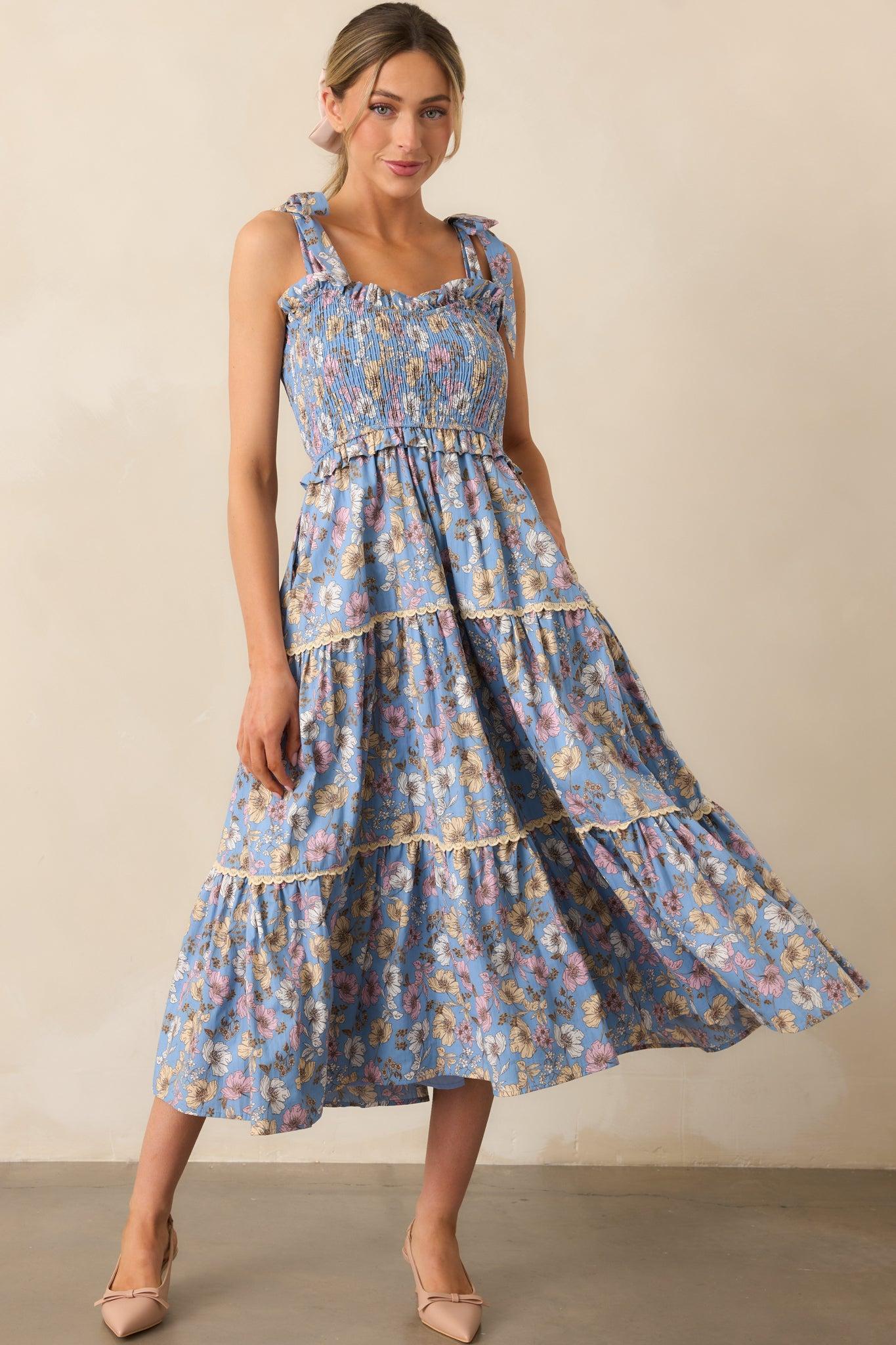 Living A Slow Life Cotton Ash Blue Floral Midi Dress Product Image