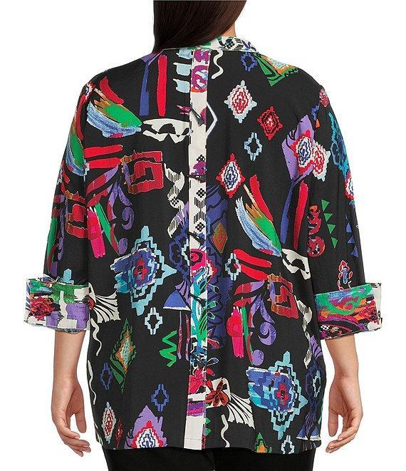 Ali Miles Plus Size Abstract Printed Woven Wire Collar 3/4 Sleeve Button Front Tunic Product Image