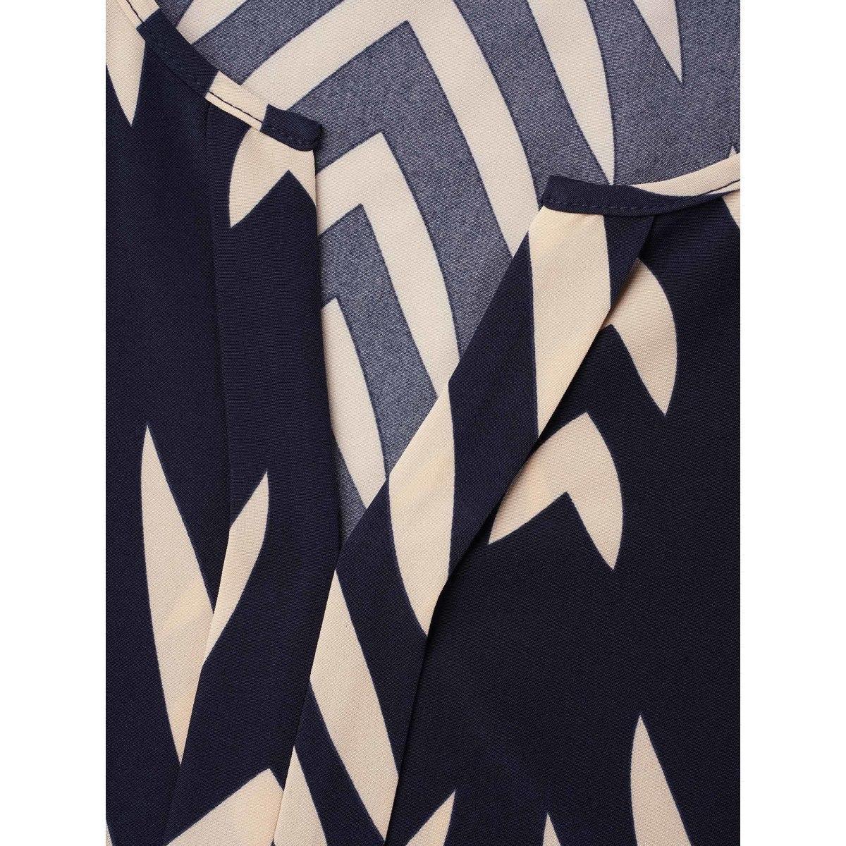 Plus Size Black Geometric Print Ruffled Shirred Shirt Women Office Half Sleeve Flat collar with V-notch Office Blouses BloomChic 26/4X Product Image